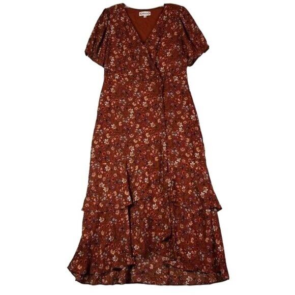 Nanette Lepore Dress Women's 8 Brown Rust Floral Tiered Wrap Front Breezy Maxi - Picture 4 of 14